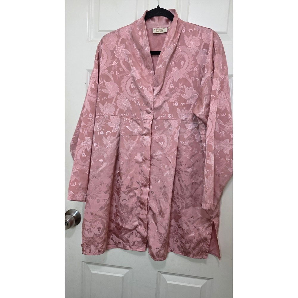 VTG Victoria's Secret Sleep Shirt Women's M/L Pink Floral Jacquard Satin Buttom